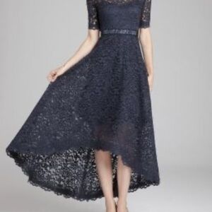 Teri Jon Navy High Low Lace Dress